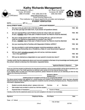 Fillable Online 016 Student Verification - Richards Management Fax ...