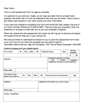 Fillable Online Dear Carer, This is a self-assessment form for you to ...