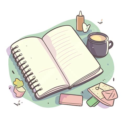 Journal Clipart An Open Notebook And Other Items On The Surface Cartoon ...