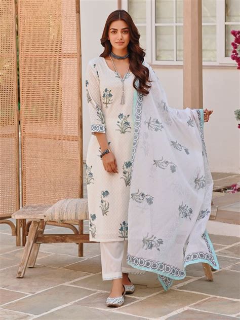 White Blue Hand Block Printed Cotton Dobby Suit- Set of 3