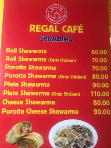 Menu at Regal Cafe, Bengaluru