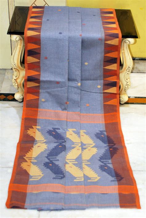 Crowned Temple Border Handwoven Cotton Jamdani Saree in Steel Gray, Br ...