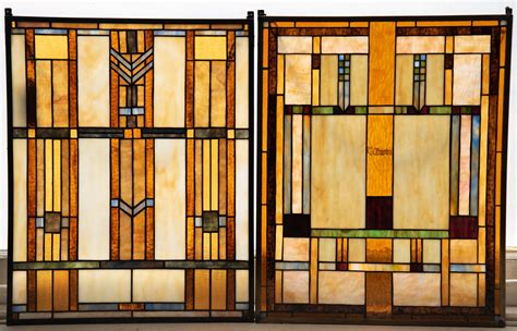 Lot - Pair of Frank Lloyd Wright Style Leaded Glass Windows