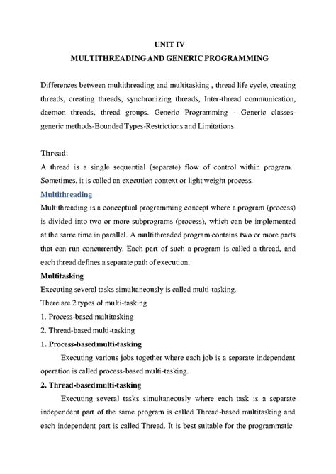 21HC33T OOPS Using JAVA Notes UNIT4 - UNIT IV MULTITHREADING AND ...