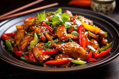 Chicken stir fry served in a rustic clay pot with a side of brown rice ...