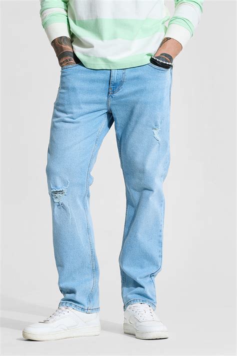 Buy Men's Light Blue Distressed Regular Fit Jeans Online | Snitch – SNITCH