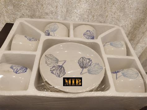 ELEGANT SET OF 6 , WHITE CUP AND SAUCER SET WITH BLUE FLOWER DESIGNS-S ...