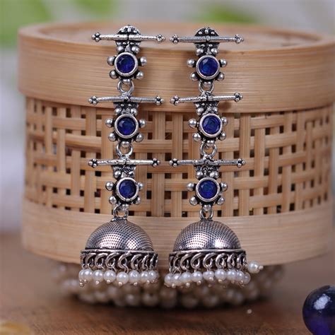 Blue Stone Studded Triple Layered Jhumkas – StylishKudi