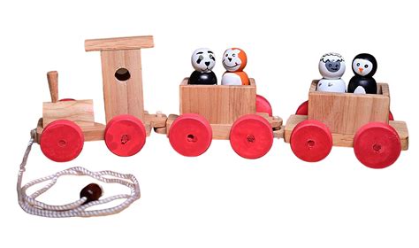 Buy Channapatna Toys Pull Along Toy Wooden Train with 4 Animals Peg ...