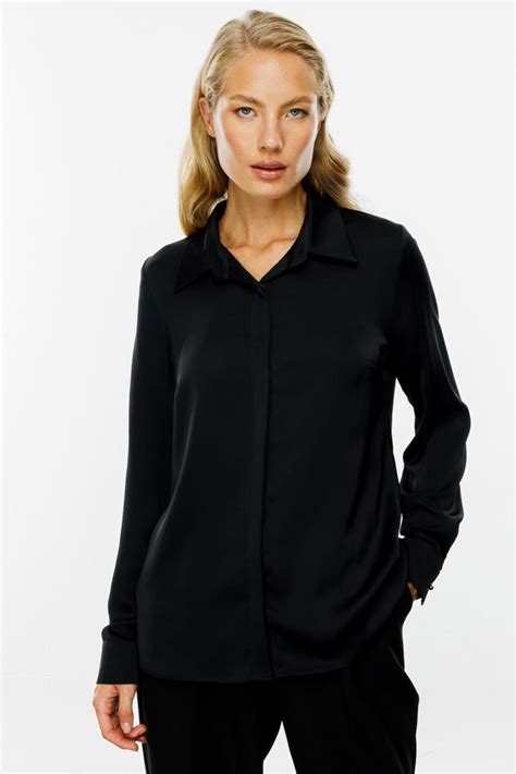 Black Shirt Collar Satin Blouse - Ekol | ElbiseBul
