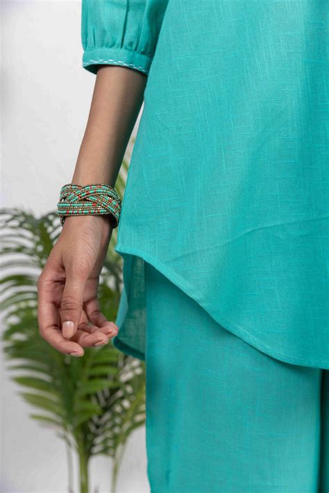 Cotton Slub Co-ord Set With Hand Embroidery-Sea Green – InaayaJaipur