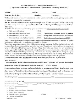 Clubhouse Rental Reservation Request - Blank Fillable Template | Fill ...