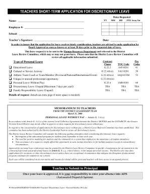Fillable Online TEACHERS SHORT-TERM APPLICATION FOR DISCRETIONARY LEAVE ...