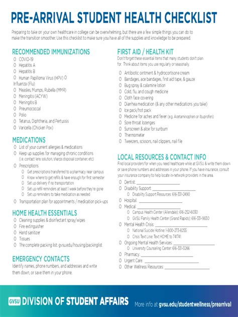 Fillable Online Wellness checklist helps new students start college on ...