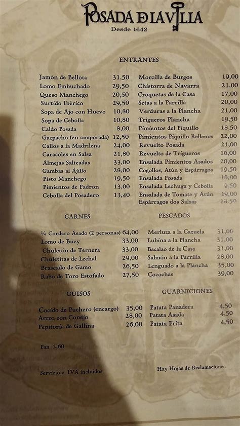 Menu at Posada de la Villa steakhouse, Madrid