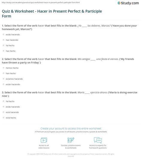 Quiz & Worksheet - Hacer in Present Perfect & Participle Form | Study.com