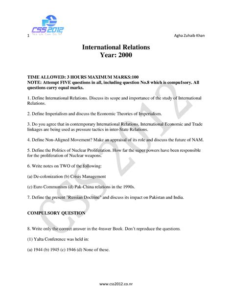 International Relations past paper - 1 Agha Zuhaib Khan css2012.co International Relations Year ...