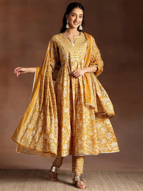 Buy Mustard Printed Cotton Anarkali Suit With Dupatta Online at Rs.3199 ...
