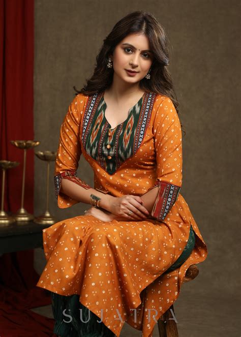 Beautiful Mustard Rayon Bandhani With Ikat Combination Kurta - Pant op ...