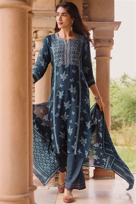 Buy Blue Printed Straight Viscose Kurta for Women | Formal Wear Kurta ...