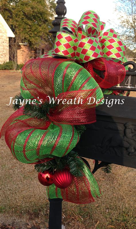 Mailbox Swag with lime & red deco mesh and Harlequin bow | Christmas ...