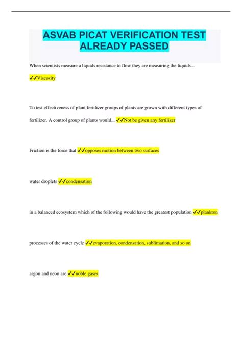 ASVAB PICAT VERIFICATION TEST ALREADY PASSED - ASVAB PICAT - Stuvia US