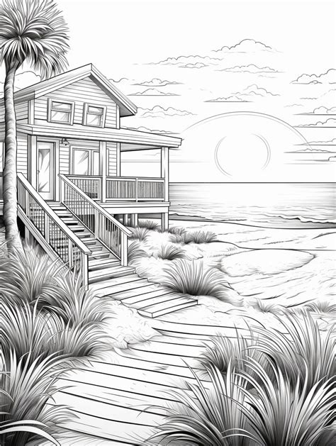 Premium Photo | A drawing of a beach house with a deck and stairs ...