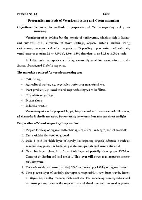 Preparation methods of Vermicomposting and Green manuring - Exercise No ...