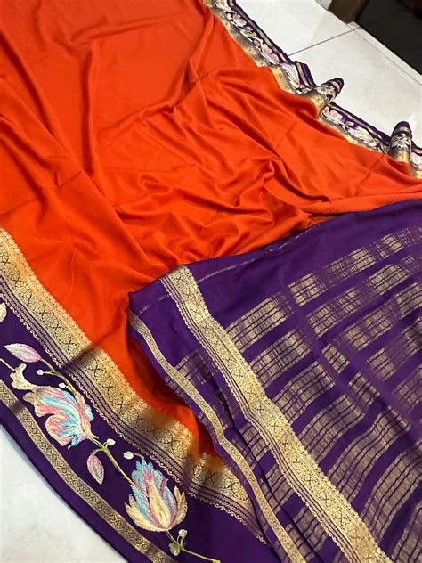 Beautiful Mysore silk sarees with contrast embroidery borders and ...
