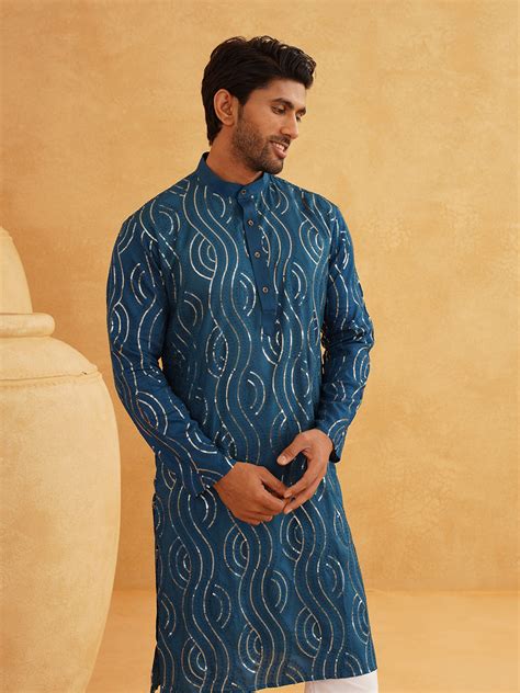 Men's Pure Cotton Teal Blue designer Kurta – Sojanya