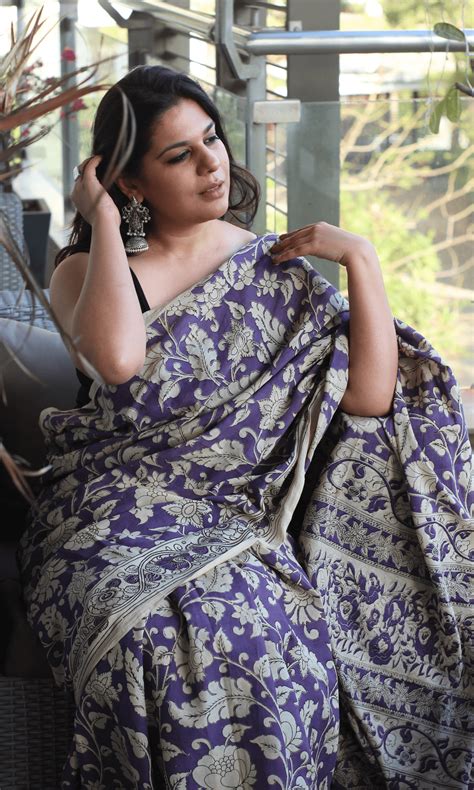 Purple Handblock Kalamkari Silk Saree – Baareeki