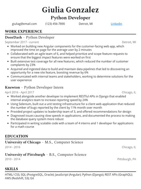 Image result for Python Developer Intern Resume Sample