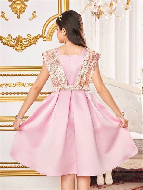 Tween Girls Woven Floral Jacquard Splice Satin Ruched Waist Dress ...