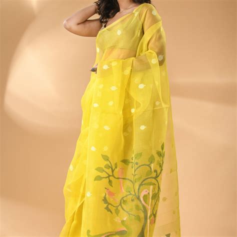Bright Yellow Muslin Jamdani Saree With Peacock Pallu & Needlework ...