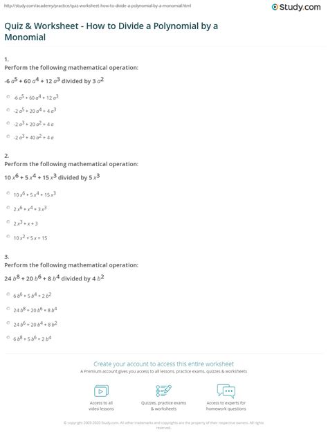 Quiz & Worksheet - How to Divide a Polynomial by a Monomial | Study.com