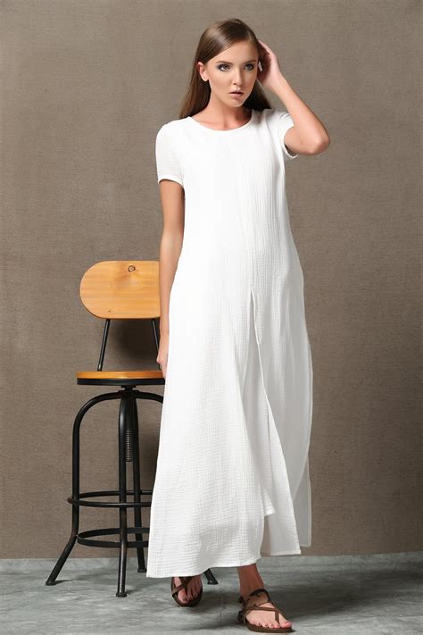 Short Sleeve White Maxi Linen Dress for Women, Summer Cotton Linen ...