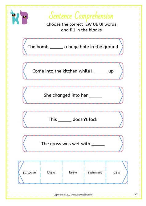 Learn to spell ew, ue, ui Words - Phonics Worksheets - KikkiBikki