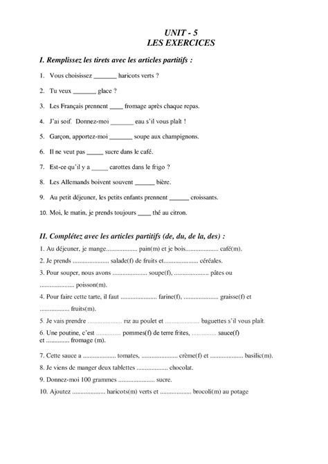 French Exercise Unit-5 - UNIT - 5 LES EXERCICES I. Remplissez les ...