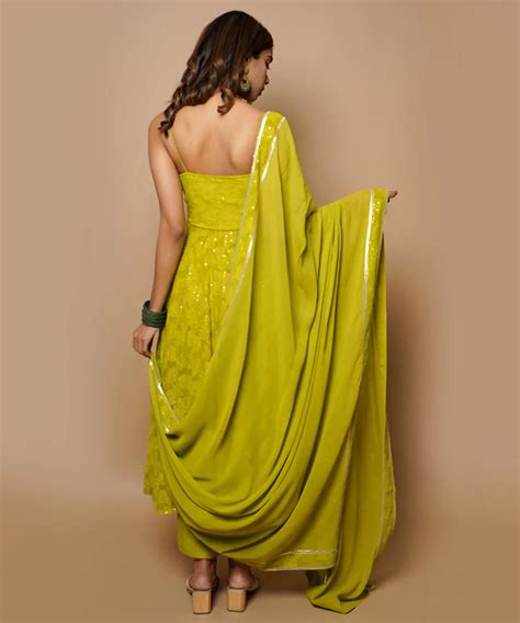 Lime Green A-Line Lucknowi Chikankari Work Fully-Stitched Pant Style S