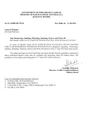 write the letter for waiver of demurrage Chagres in Railway department ...