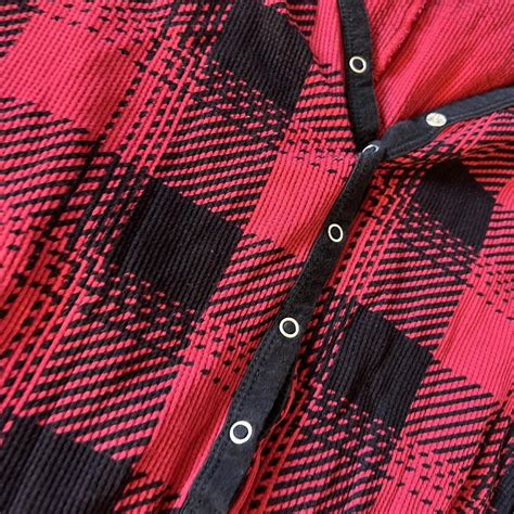 Large red and black plaid pajama short button up... - Depop