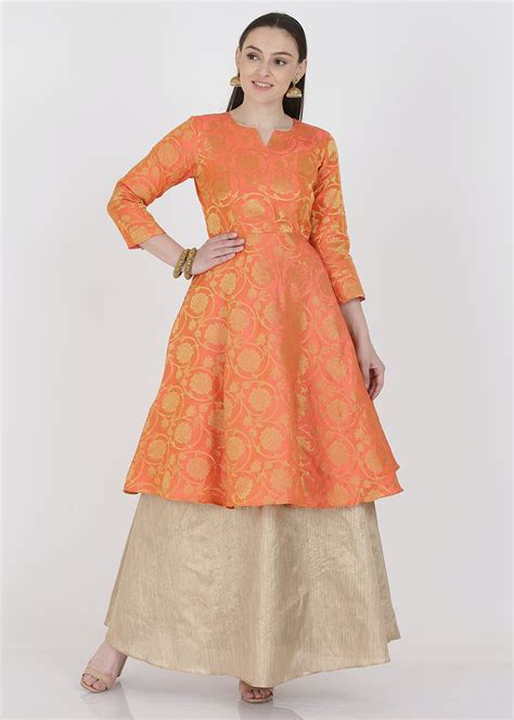 Get Orange Brocade Kurta With Beige Skirt at ₹ 3499 | LBB Shop