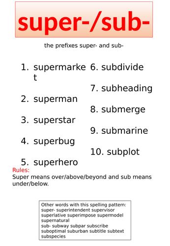 Super- and sub- prefix Spelling Booklet Year 3/4 | Teaching Resources