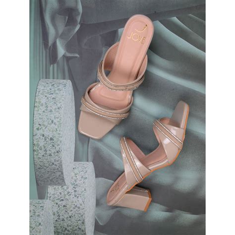 Buy Jove Women Taupe Embellished Block Heel Sandals Online