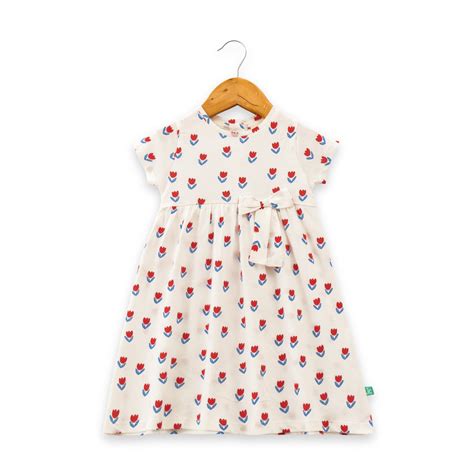"Baby Girls Cream Tulip Print Cotton Dress with Bow – Short Sleeve ...