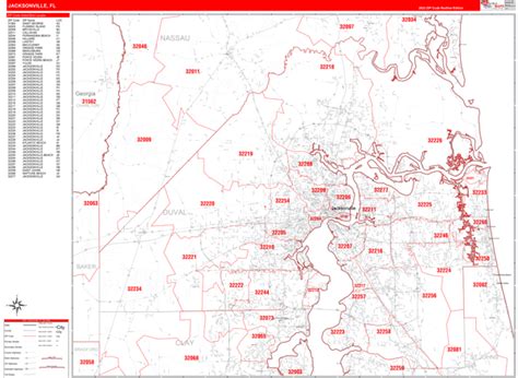 Jacksonville Florida Zip Code Wall Map (Red Line Style) by MarketMAPS ...