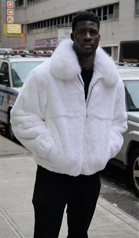 Men’s White Rex Fur Bomber Jacket 46647 – MARC KAUFMAN FURS