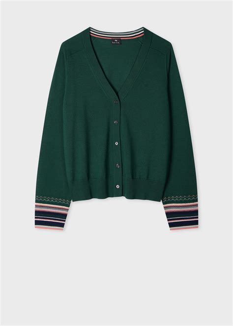 Women's Dark Green Knitted Cardigan with Striped Cuffs