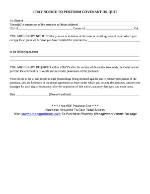 3 DAY NOTICE TO PER COVENANT OR QUIT Doc Template | pdfFiller