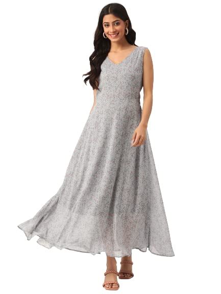 Buy Deewa Women's Georgette Floral Print Maxi Dress, Regular Fit A-Line ...